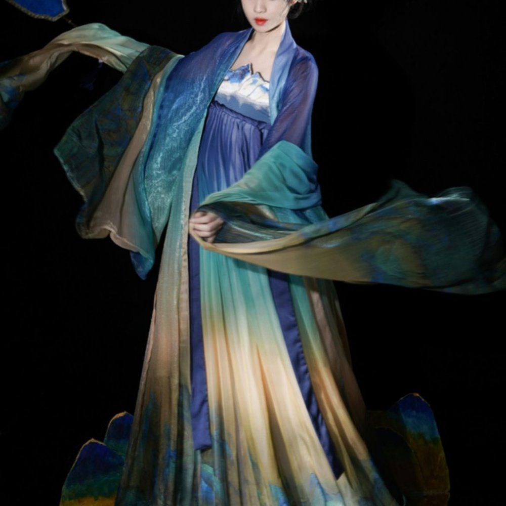 Moutain Blue Gradient Satin Maxi Gown with Shawl | Retro Formal Prom Dress #1243